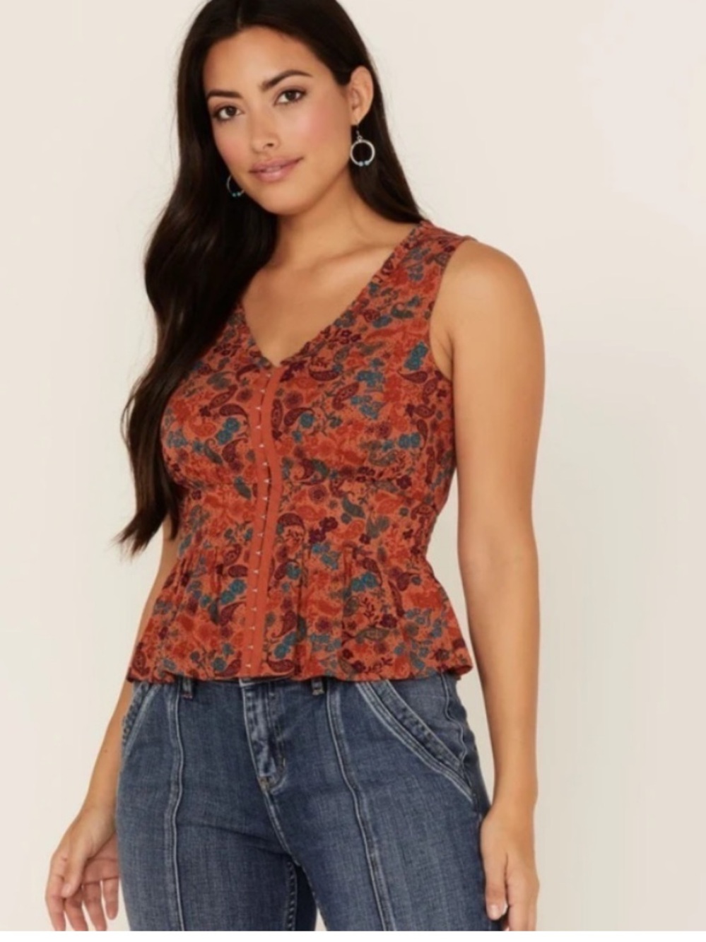 Idyllwind Miranda Beacon Corset Tank Top Rust Orange Floral Paisley Size S